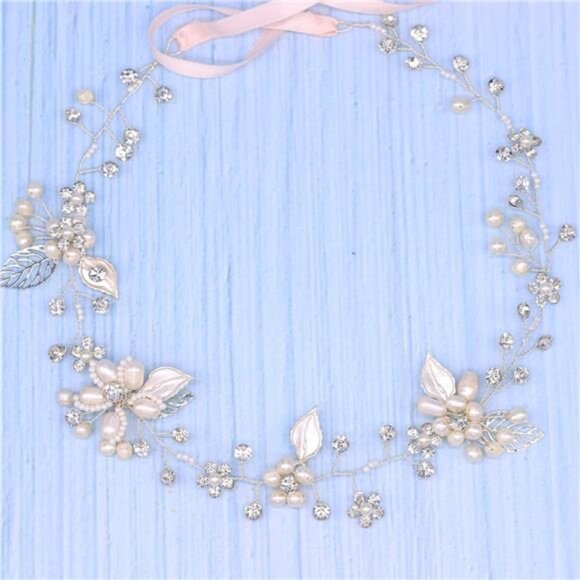 Bridal Crystal Headband with Freshwater Pearls Flower Design Wedding main image 5
